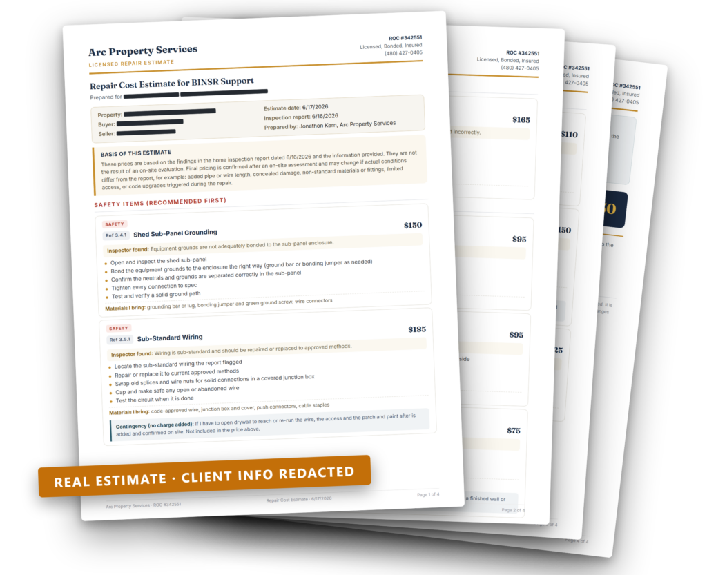 A real Arc Estimate Pro repair estimate with client info redacted