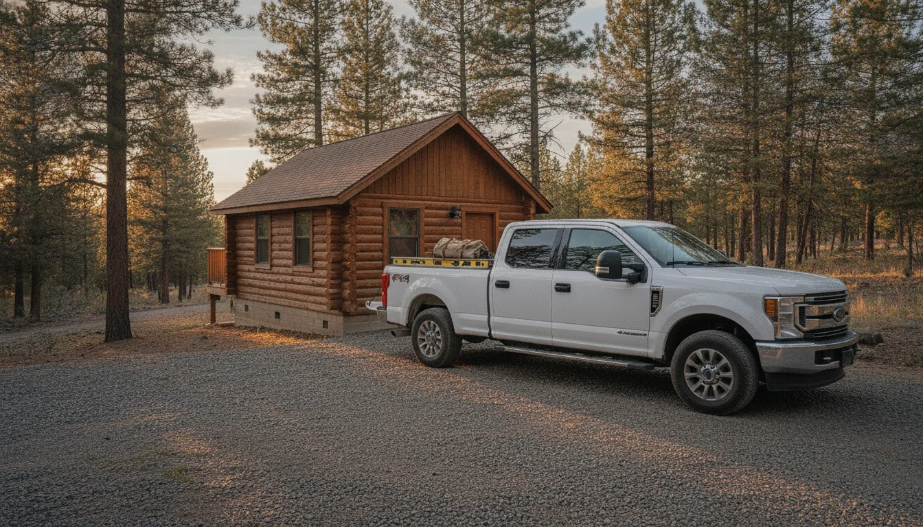 White Arc Property Services truck parked outside a Pinetop cabin