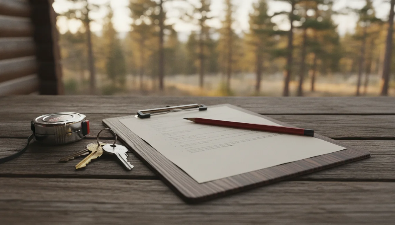 Clipboard with a written repair scope, house keys, and a tape measure on a cabin porch table