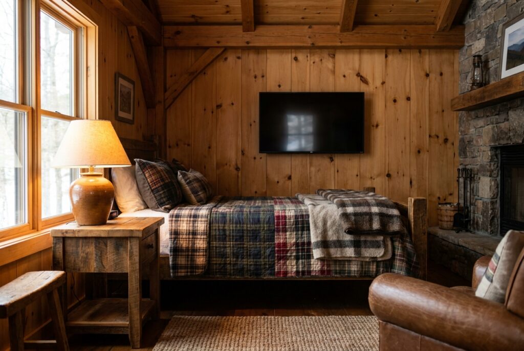 Wall-mounted TV on a knotty pine cabin bedroom wall with no visible cables