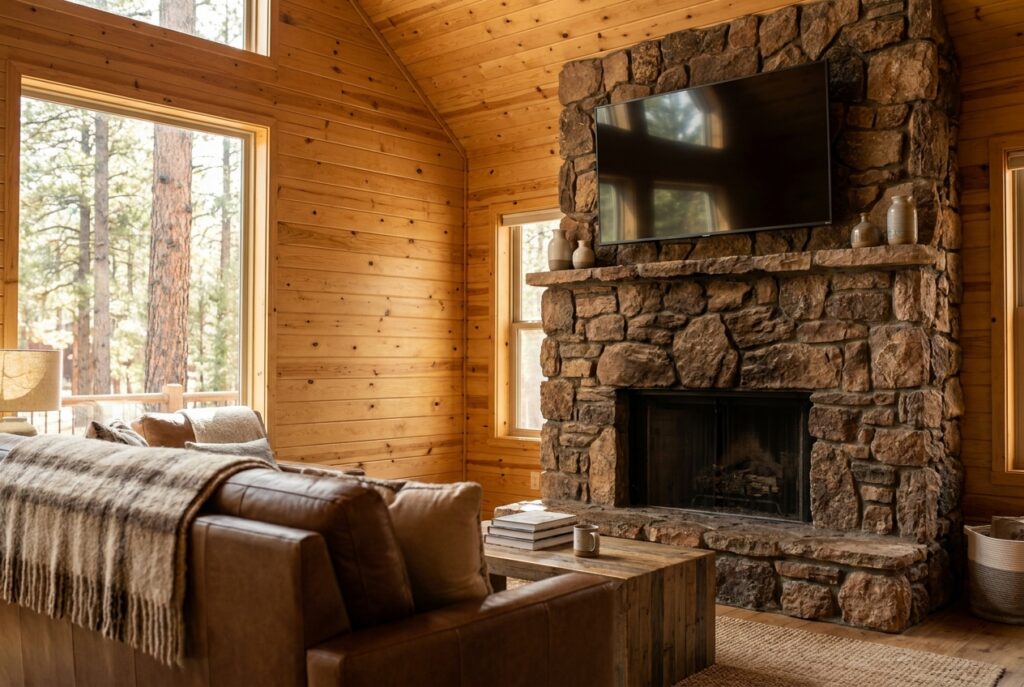 TV mounted above a stone fireplace in a White Mountains cabin, no visible wires