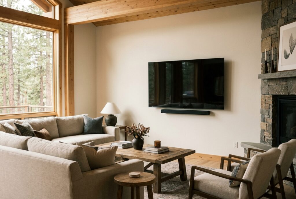 Wall-mounted TV with soundbar and fully hidden wiring in a mountain home living room