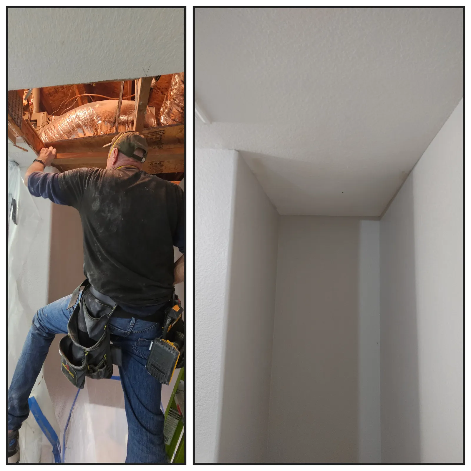 Attic access and drywall repair, during and after, White Mountains, AZ