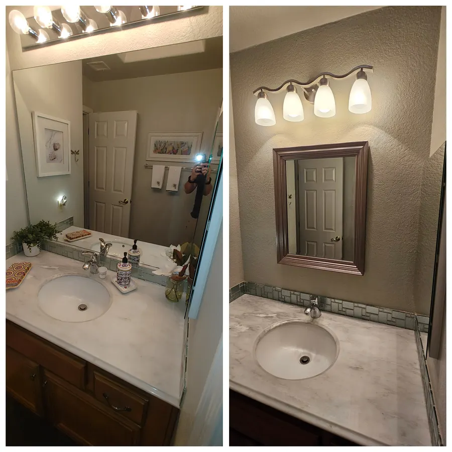 Bathroom mirror and vanity light, before and after, White Mountains, AZ