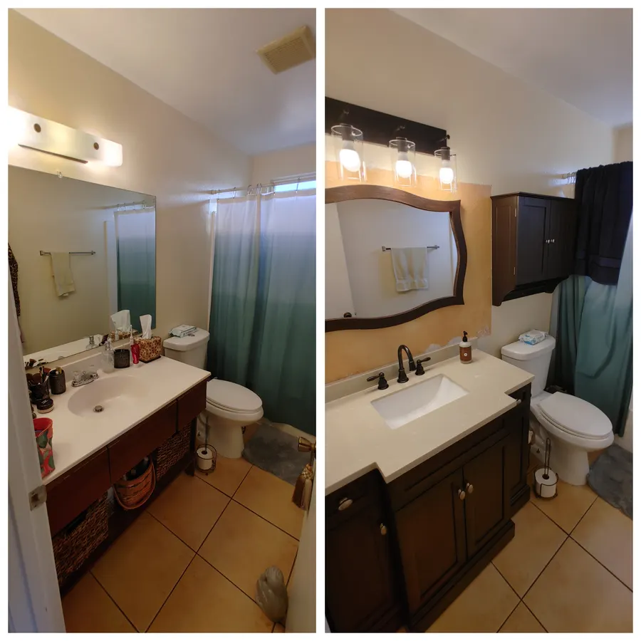 Bathroom vanity and mirror, before and after, White Mountains, AZ