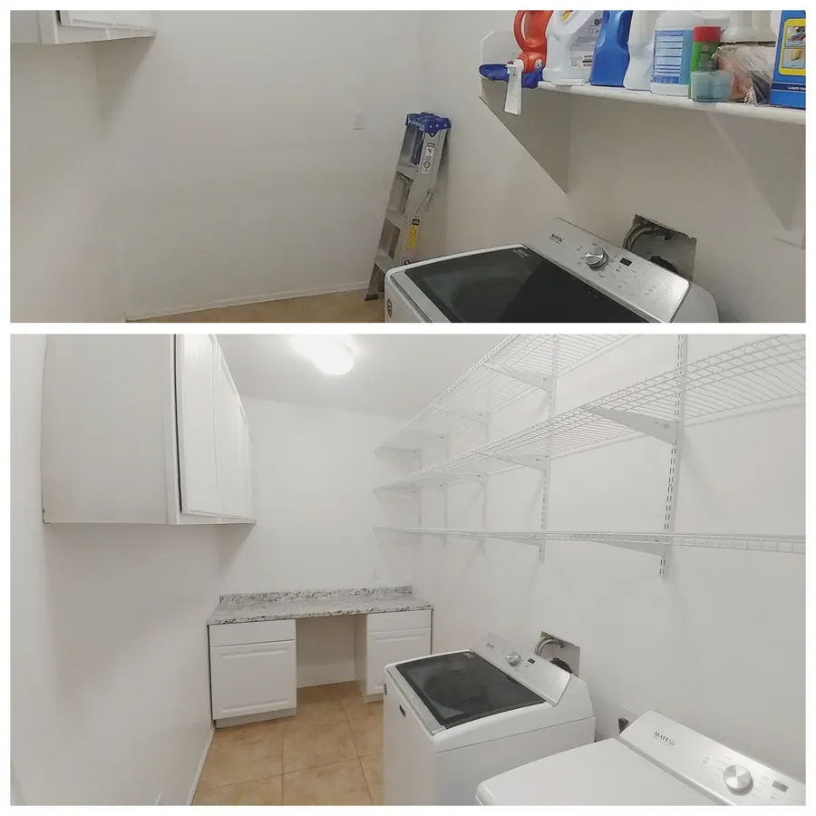 Closet shelving build, before and after, White Mountains, AZ