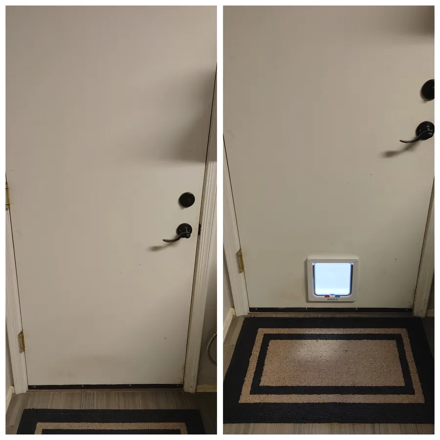 Door with pet door install, before and after, White Mountains, AZ