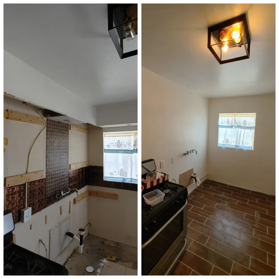Kitchen backsplash and counter, before and after, White Mountains, AZ