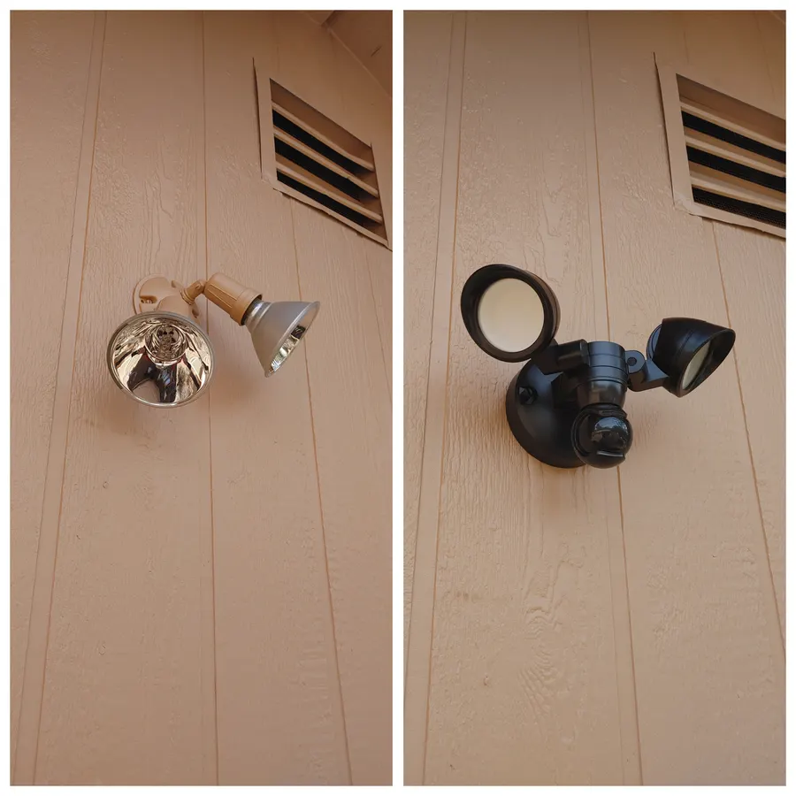 Outdoor security light, before and after, White Mountains, AZ
