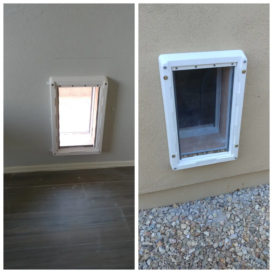 Pet door install, before and after, White Mountains, AZ
