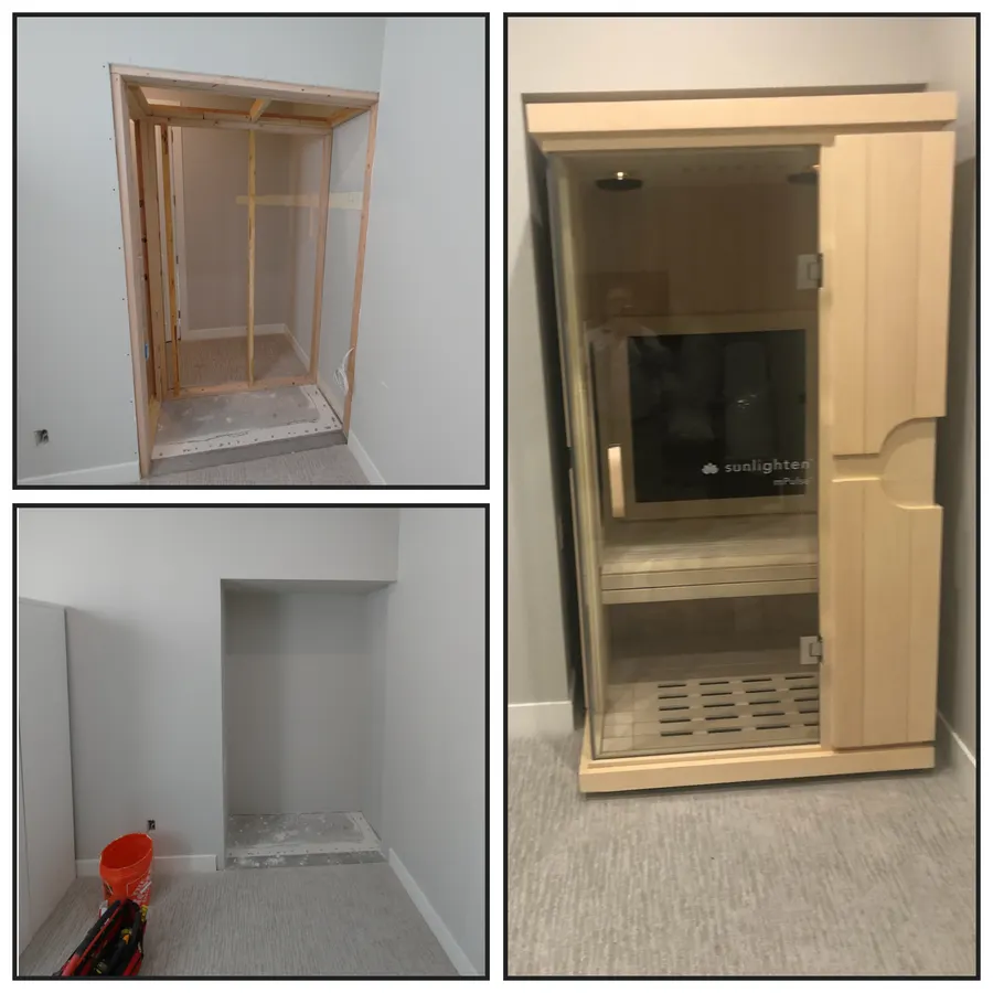 Sauna door and trim, before and after, White Mountains, AZ