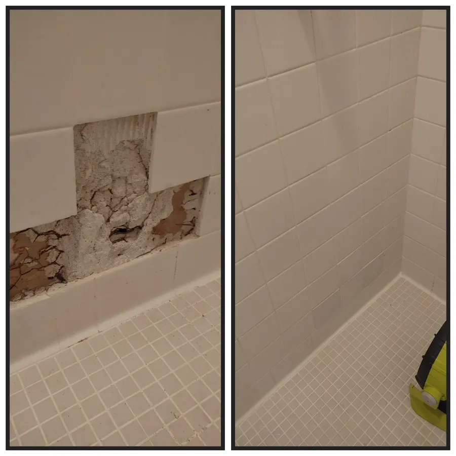 Shower tile repair, before and after, White Mountains, AZ