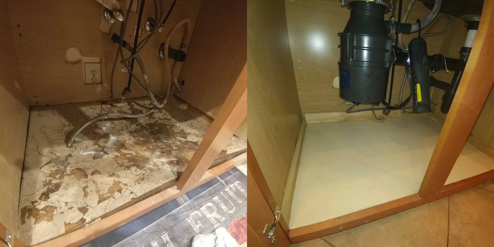 Water-damaged sink cabinet floor restored, before and after, White Mountains, AZ