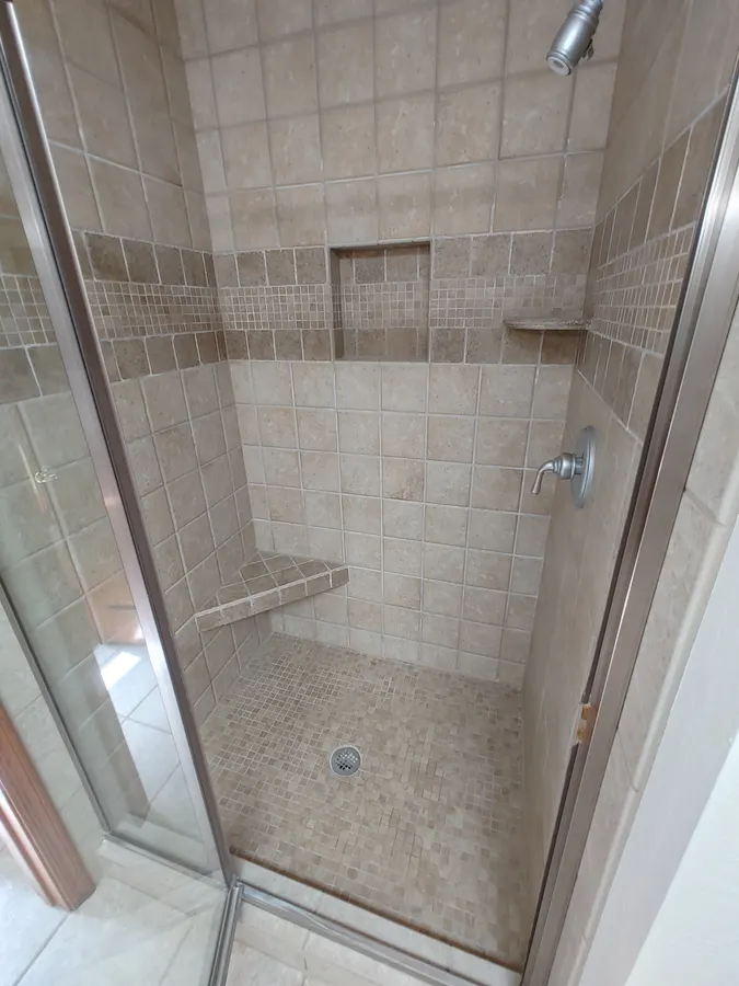 Tiled walk-in shower with glass door, White Mountains, AZ