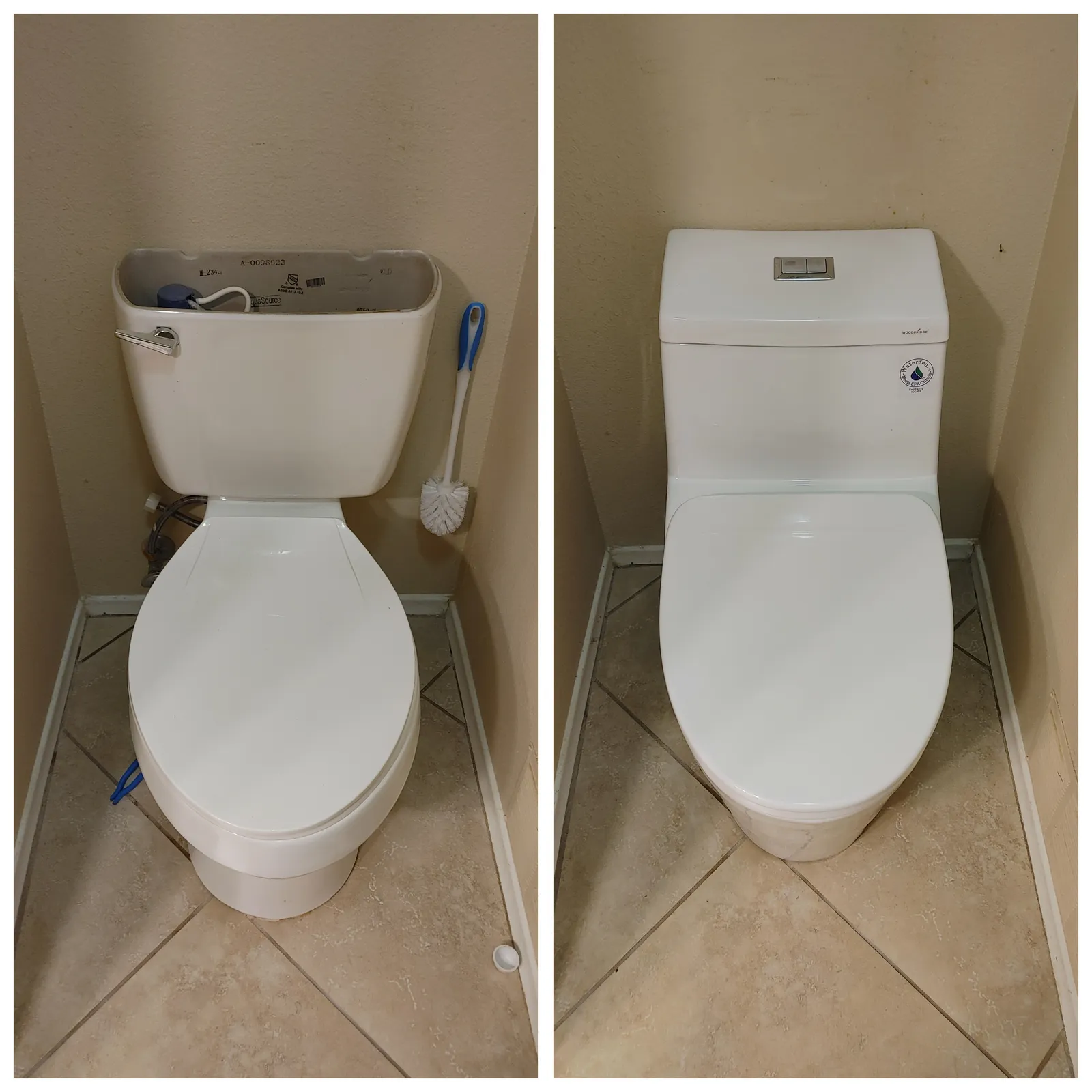 Toilet replacement with a one-piece toilet, before and after, White Mountains, AZ