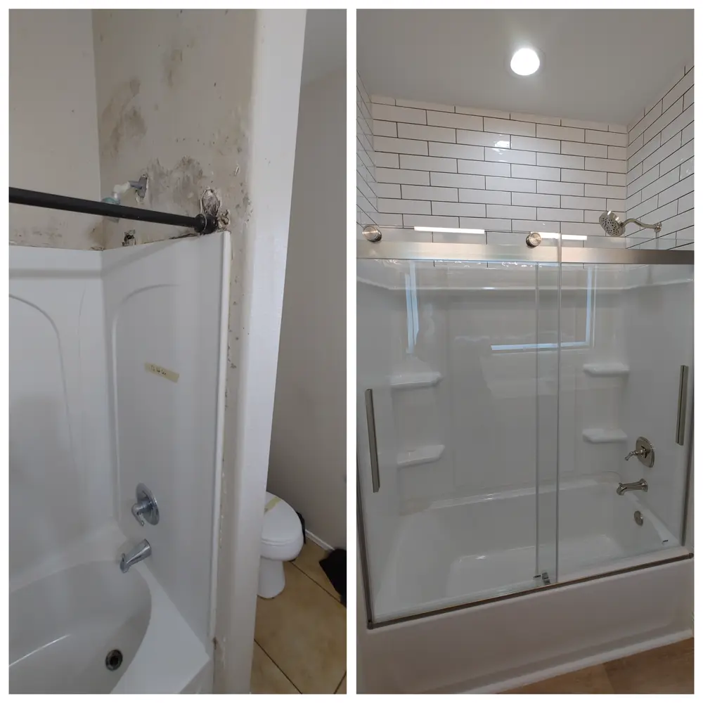 Two photos side by side. On the left, an old tub with a stained, moldy wall above it. On the right, a new white tub with wall panels, a sliding glass door, and white subway tile above.