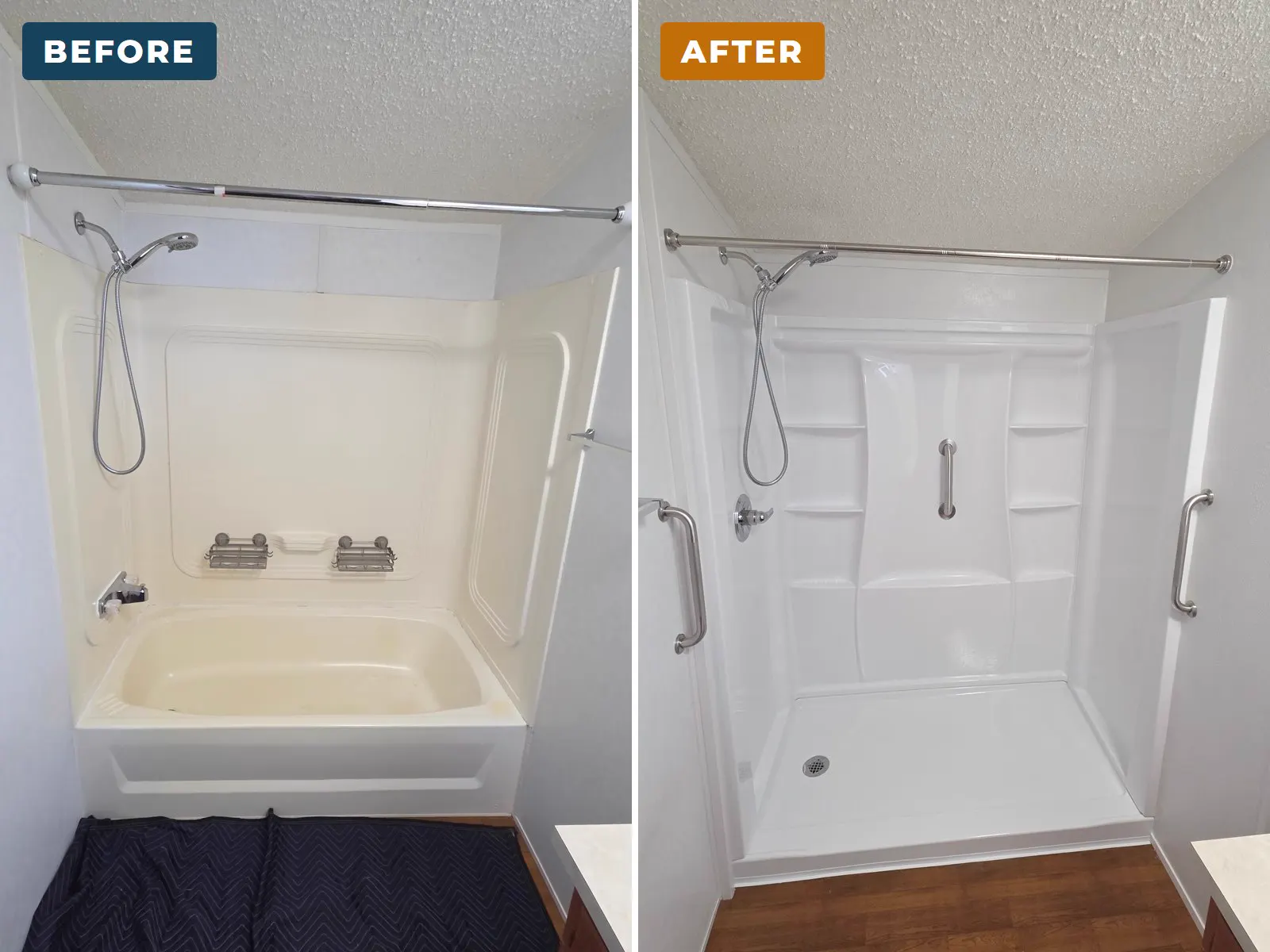 Before: an old tub with a worn surround. After: a low-step shower, new wall panels, and three grab bars.